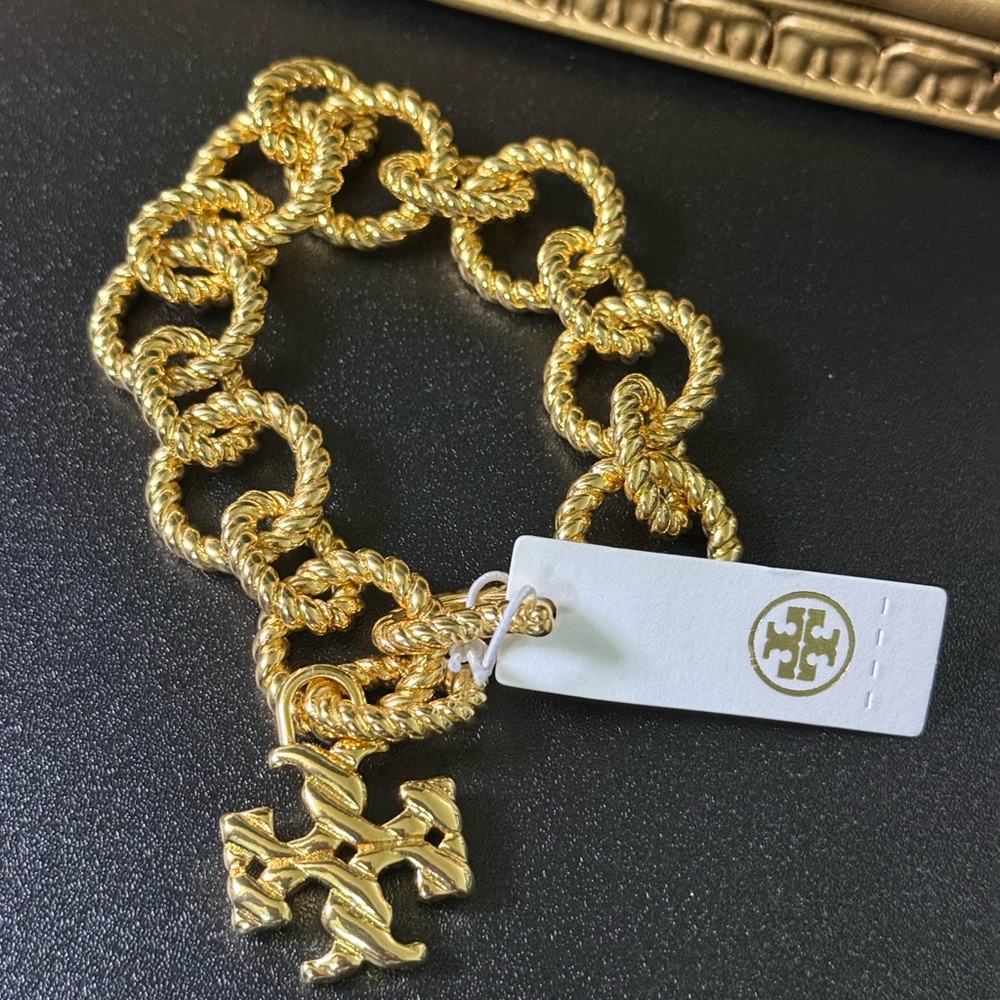 Tory Burch Gold Rope Link Chain Bracelet with logo charm